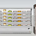 Refrigerated Display Freezer With Multiple Shelves Holding Various Cakes In Bakery