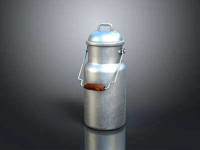Vintage Silver Metal Milk Can With Wooden Handle And Shiny Surface Design 3d model