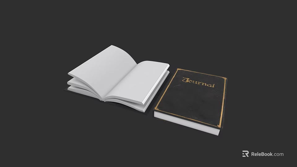 Open Book with White Pages and Black Cover Journal Featuring Gold Lettering 3d model 