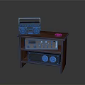 Dark Brown Wooden Audio Equipment Stand With Radio And Control Panel On Shelf