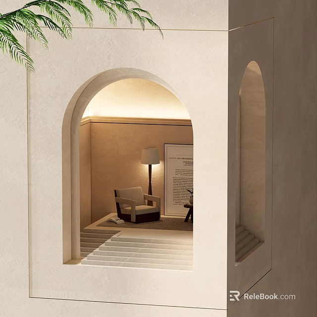 Modern Wall Lamp Illuminating Cozy Archway Interior With Beige Chair And Bookshelf 3d model 