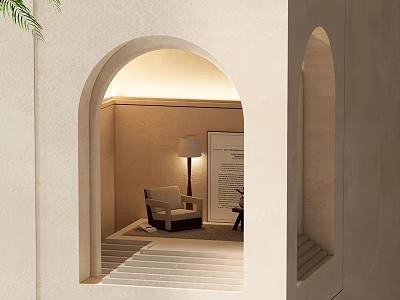 Modern Wall Lamp Illuminating Cozy Archway Interior With Beige Chair And Bookshelf 3d model