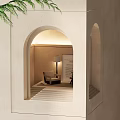 Modern Wall Lamp Illuminating Cozy Archway Interior With Beige Chair And Bookshelf