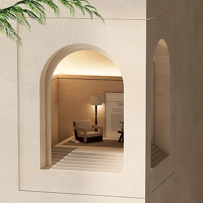 Modern Wall Lamp Illuminating Cozy Archway Interior With Beige Chair And Bookshelf 3d model