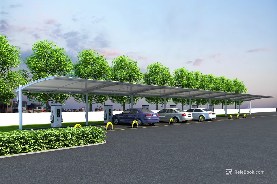 Parking Canopy Covered Outdoor Car Parking With Charging Stations And Green Trees 3d model 