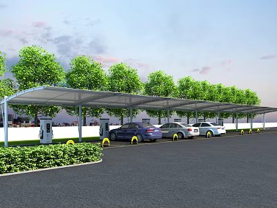Parking Canopy Covered Outdoor Car Parking With Charging Stations And Green Trees 3d model