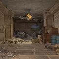 Modern Industrial Interior Setting With Stone Walls Pillars Chandelier Wooden Crates And Barrels