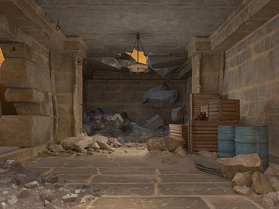 Modern Industrial Interior Setting With Stone Walls Pillars Chandelier Wooden Crates And Barrels 3d model