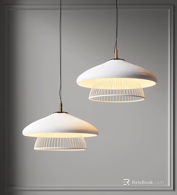 Two Modern Pendant Lights With White Shades And Metal Wire Frames Illuminated In Neutral Space 3d model 