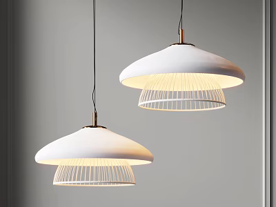 Two Modern Pendant Lights With White Shades And Metal Wire Frames Illuminated In Neutral Space 3d model