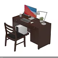 Modern Wooden Office Desk with Computer Monitor Keyboard Mouse Desk Lamp Small Plant and Chair
