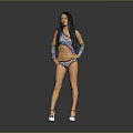 Woman With Colorful Bikini Arm Sleeves Long Black Hair And High Heels On Grey Background