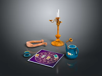 Vintage Decorative Items with Brass Candle Holder Horseshoe Teacup Patterned Mat And Blue Teapot 3d model