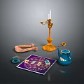 Vintage Decorative Items with Brass Candle Holder Horseshoe Teacup Patterned Mat And Blue Teapot