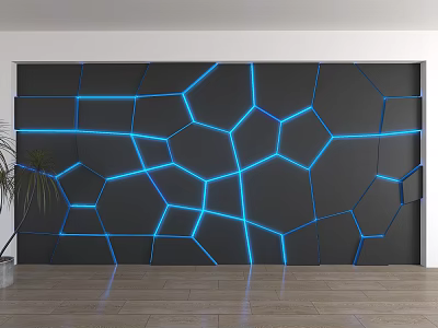 Modern Background Wall with Blue Neon Lines Geometric Hexagon Pattern and Palm Tree Accent 3d model