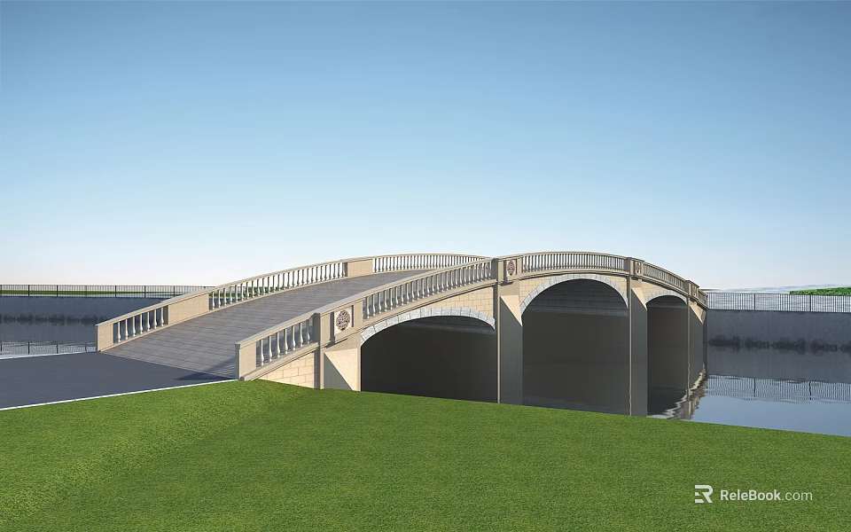Stone Arch Bridge With Green Grass Water Reflection And Clear Blue Sky 3d model 