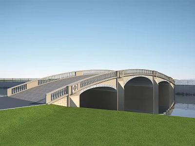 Stone Arch Bridge With Green Grass Water Reflection And Clear Blue Sky 3d model