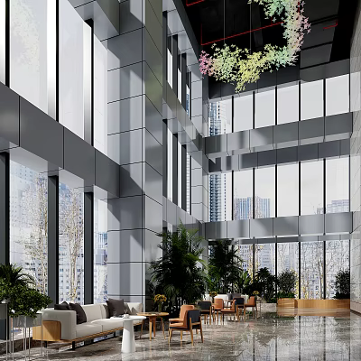 Modern Reception Desk Lobby With Large Glass Windows Green Plants Sofa And Hanging Light 3d model