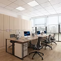 Public Office Space with Company Logo White Wall Glass Partition Office Desks Chairs Wooden Flooring