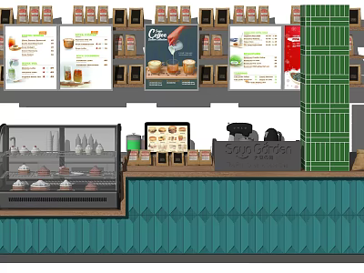 Café Reception Counter with Dessert Display Case and Menu Boards Setup 3d model