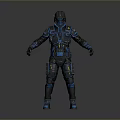 Man in Futuristic Black Blue Tactical Armor with Helmet Full Body Protective Gear
