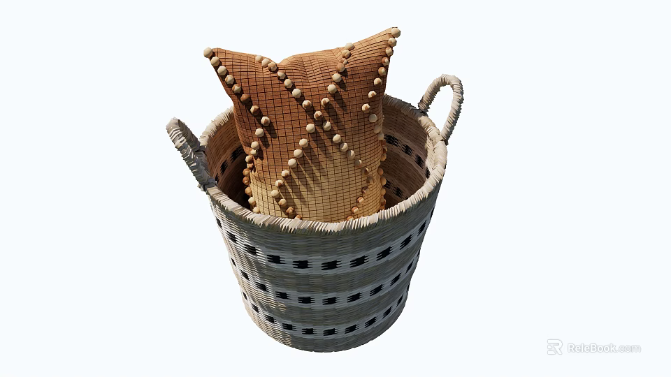 Woven Storage Basket with Handles Open Weave Design Containing Decorative Textured Pillow 3d model 