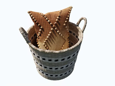 Woven Storage Basket with Handles Open Weave Design Containing Decorative Textured Pillow 3d model