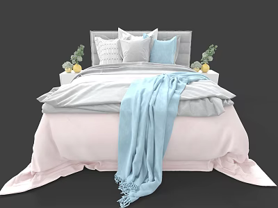 Cozy Modern Double Bed Interior With Pink Bedspread Blue Blanket And Gray White Pillows 3d model