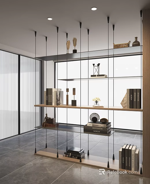 Modern Open Bookshelf Design With Wooden Shelves Glass Panels Books And Decorative Items 3d model 