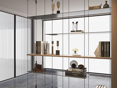 Modern Open Bookshelf Design With Wooden Shelves Glass Panels Books And Decorative Items 3d model