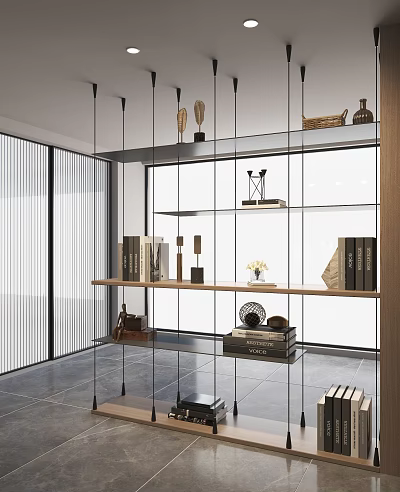 Modern Open Bookshelf Design With Wooden Shelves Glass Panels Books And Decorative Items 3d model
