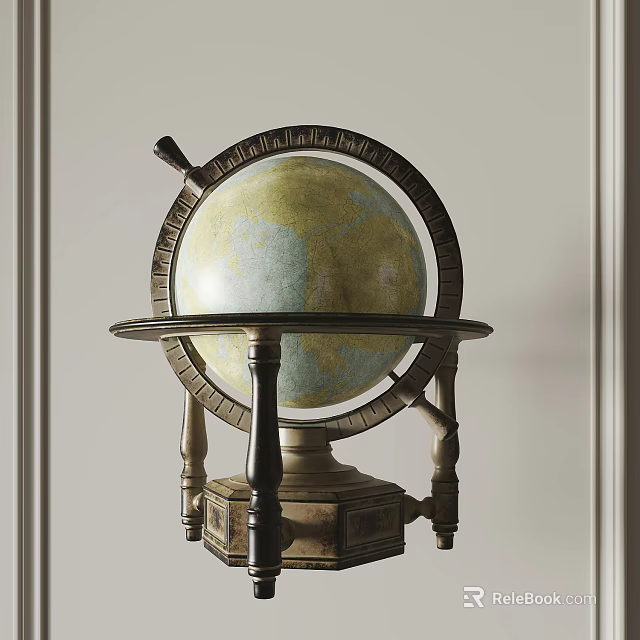 Vintage Globe Decorative Ornament Set With Metal Frame And Wooden Base For Elegant Home Decoration 3d model 