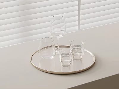 Clear Glass Cups On Round Gold Rim Tray With White Surface And Window Blinds 3d model