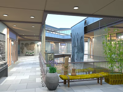 Modern Commercial Street Interior With Open Space Green Plants Water Feature And Benches 3d model