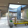 Modern Commercial Street Interior With Open Space Green Plants Water Feature And Benches