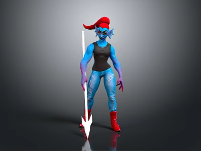 Fantasy Creature Character With Blue Skin Red Hair Holding Spear And Red Shoes 3d model