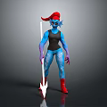 Fantasy Creature Character With Blue Skin Red Hair Holding Spear And Red Shoes
