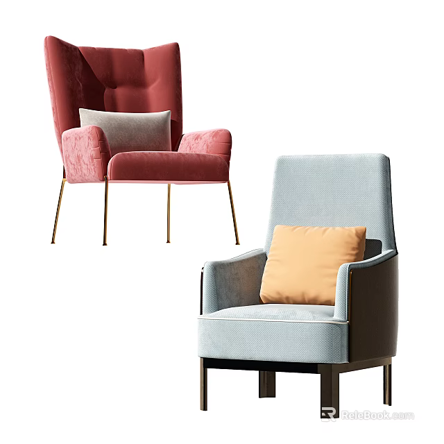 Stylish Red And Light Blue Single Sofas With Gray Orange Cushions Golden Dark Legs 3d model