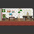 Cartoon Room Scene With Tables Chairs Green Lamp Wall Pictures And Curtained Window