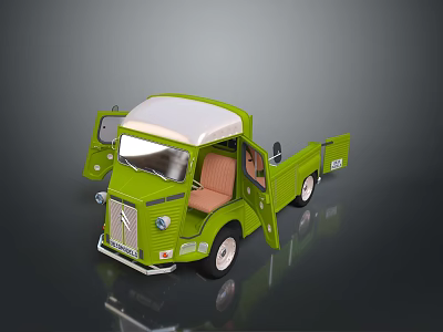 Vintage Green Truck Model With Open Doors White Roof And Brown Seats 3d model