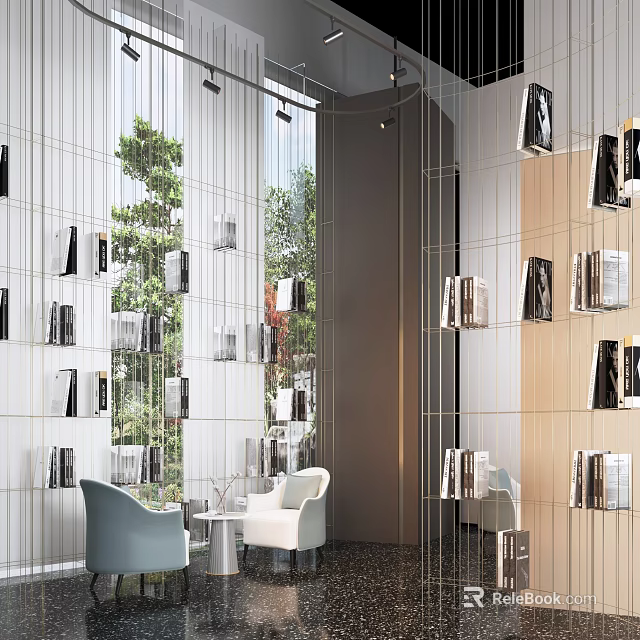 Cozy Modern Lounge Area With Vertical Line Decor Wall Mounted Books Sofa And Green Plants 3d model 