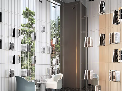 Cozy Modern Lounge Area With Vertical Line Decor Wall Mounted Books Sofa And Green Plants 3d model