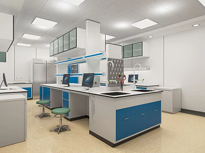 Modern Laboratory Interior Design with Workstations Benches Cabinets Computers and Lighting 3d model