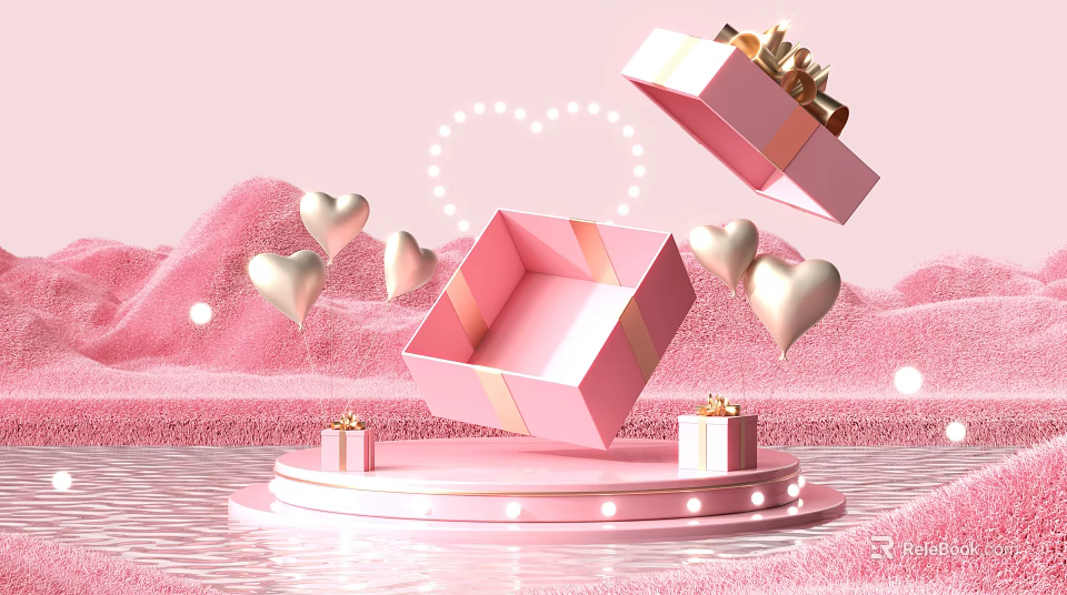 Pink Landscape Sculpture With Open Gift Box Golden Hearts Small Gift Boxes And Water Surface 3d model 