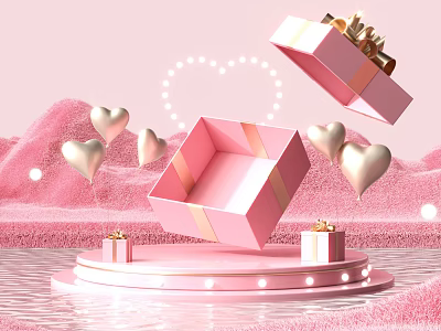 Pink Landscape Sculpture With Open Gift Box Golden Hearts Small Gift Boxes And Water Surface 3d model