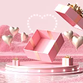 Pink Landscape Sculpture With Open Gift Box Golden Hearts Small Gift Boxes And Water Surface