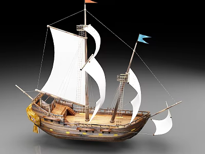 Sailing Ship Model With White Sails Wooden Hull And Colorful Flags 3d model