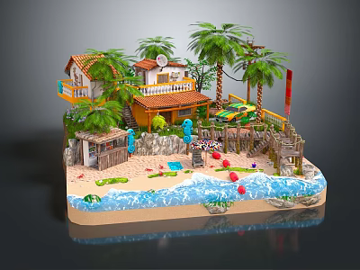 Elegant Detached Villa With Palm Trees Beach Gazebo Ocean Waves And Greenery 3d model