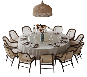 New Chinese-style Box Dining Table and Chair Tableware Large Dining Table and Chair Chandelier 3d model