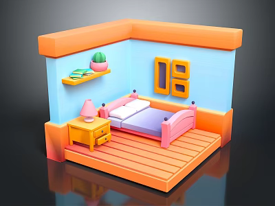 Colorful 3D Cartoon Bedroom Scene With Pink Bed Nightstand Lamp Window Shelf Potted Plant 3d model